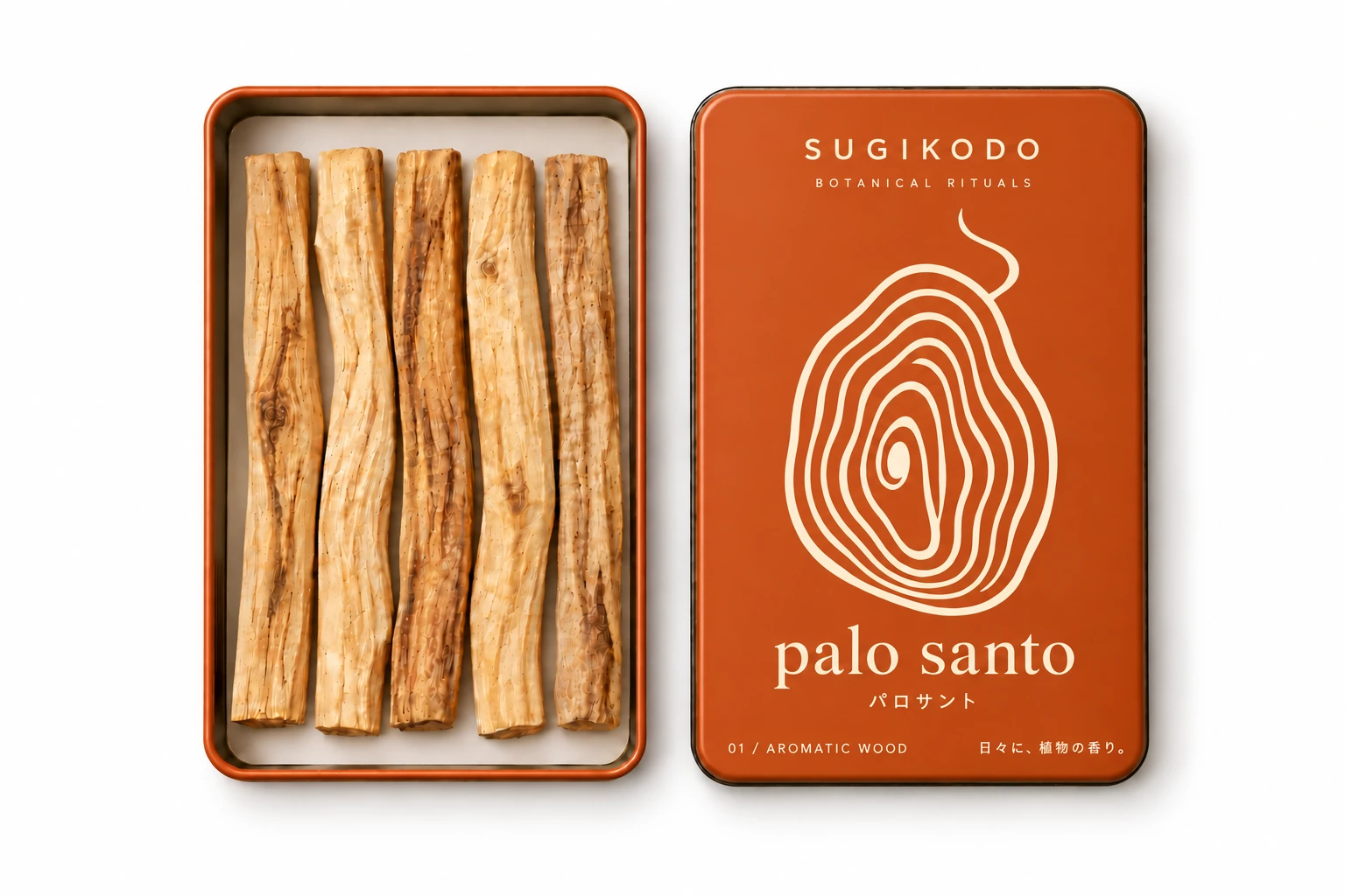 SUGIKODO パロサントの香材とパッケージ